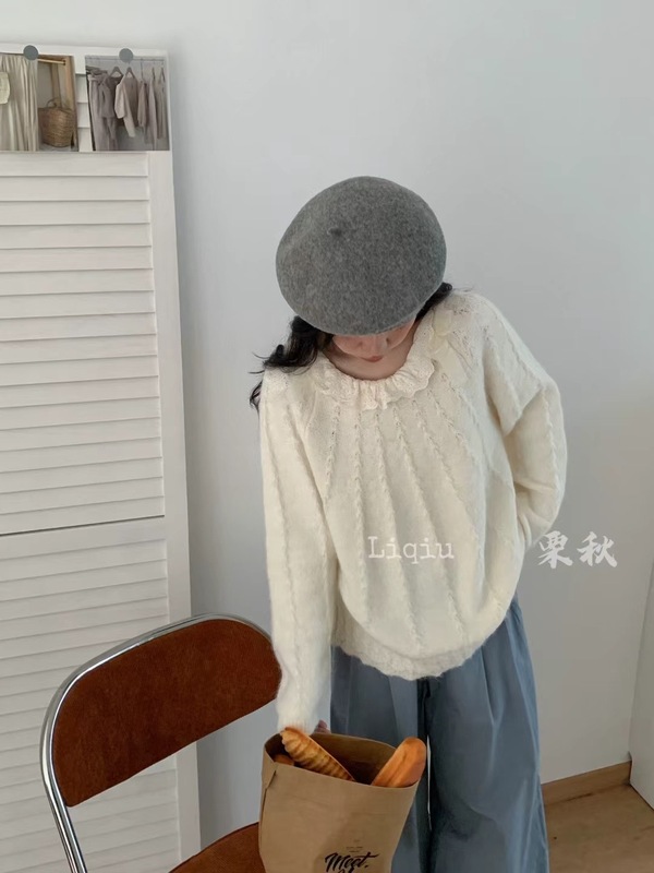 温柔风蕾丝拼接长袖针织衫女秋冬立体蝴蝶结打底毛衣软糯套头上衣|undefined