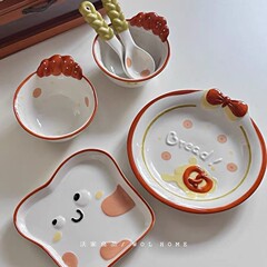 かわいいパン日记セラミックセット皿家庭用ライスボウル浮き彫り釉薬下彩朝食皿果物菓子皿