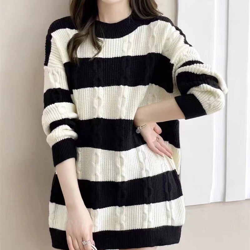 Autumn and winter New lazy style vintage twist striped sweater sweater plus size loose slimming bottoming shirt Women's pullover