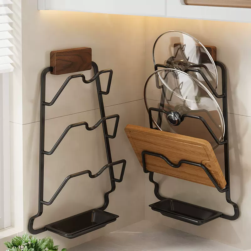 胡桃木锅盖架厨房多功能菜板放置器壁挂式免打孔砧板锅具收纳架子