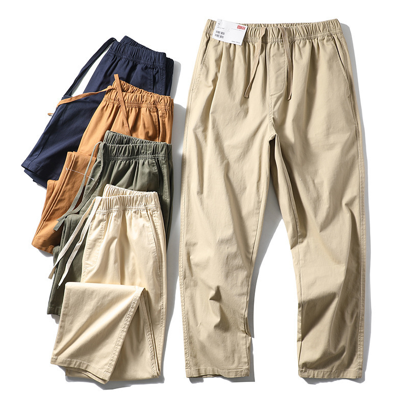 Japanese-Style Basic Essential! Washed Finish! Summer Men's Elastic Waist Straight-Leg Casual Cropped Pants Trendy Men's Trousers
