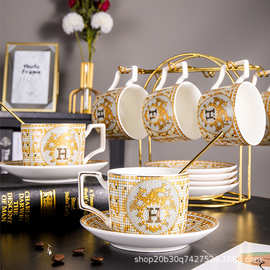 英式陶瓷杯咖啡杯碟套装创意简约家用咖啡杯碟带架子茶杯套装套具
