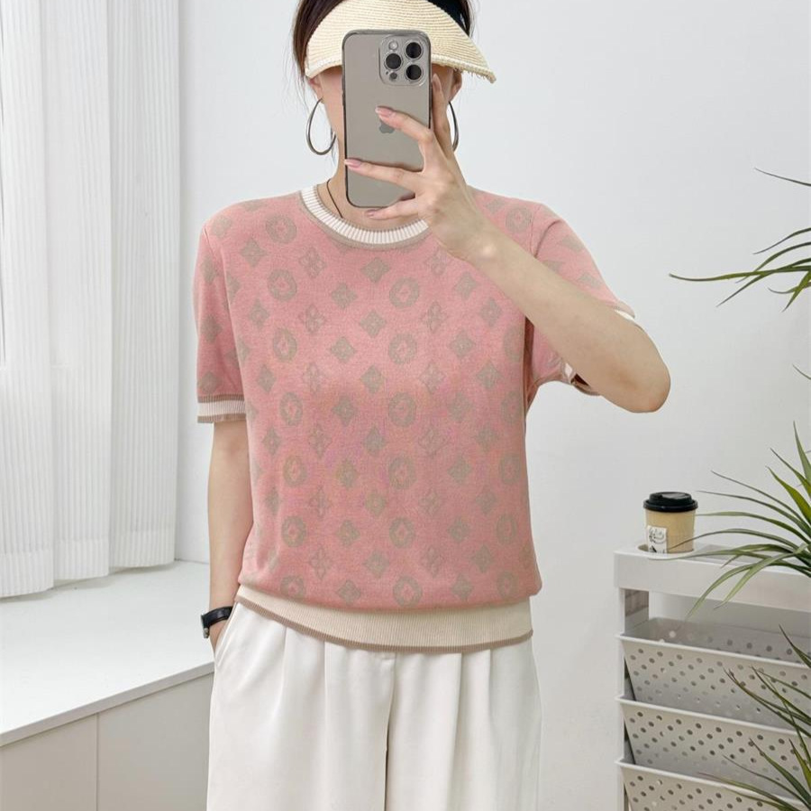yms070 2024 summer new round neck pullover thin top women's copper money jacquard loose short sleeve sweater