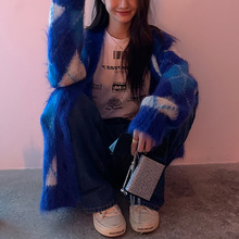 重工嵌花拉毛马海毛针织开衫女秋 新款V领菱格毛衣外套