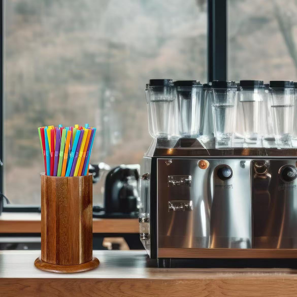 相思木吸管收纳盒圆形冷藏吧台饮品店收纳架厨房台面餐具整理架