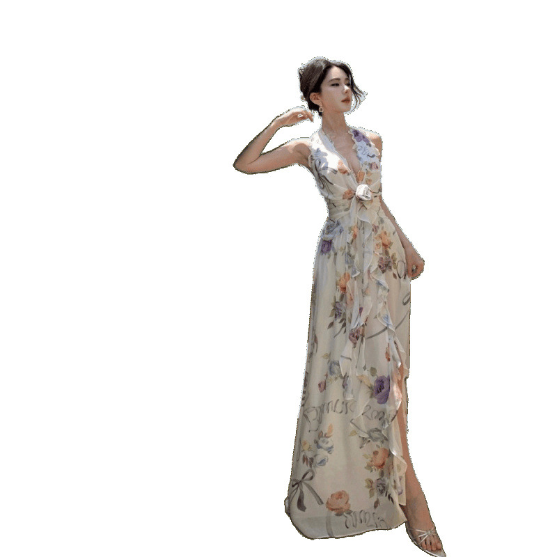 Vestido de cuello halter de viento suave para mujer 2025 verano falda larga de gasa floral falda sin espalda con volantes image 5