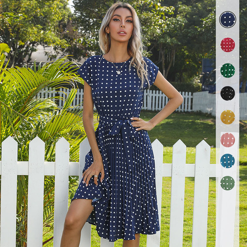 Amazon Cross-border Summer Hot Sale European and American Medium-length Skirts Retro Elegant Short-sleeve Polka Dot Pleated Dresses