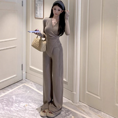 休闲套装不规则修身交叉v领长袖德绒女秋季穿搭微喇叭阔腿裤两件