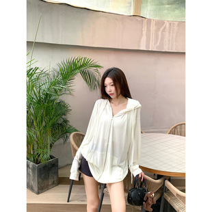 ~Large Size Summer Cool Thin Loose Hooded Zipper Sun Protection Shirt Long-Sleeved Women's Lazy Style Jacket