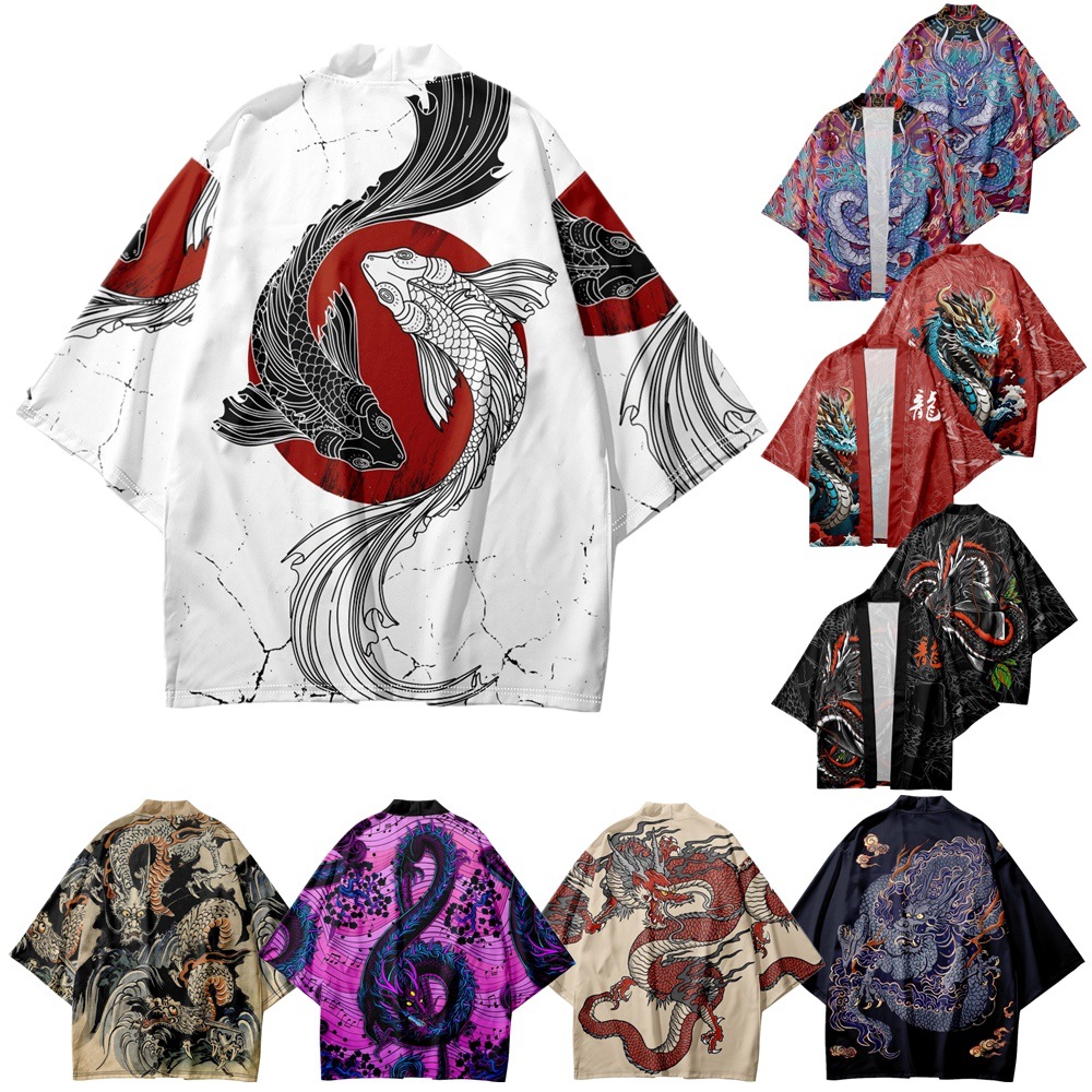 2024 Cross-Border Hot-Selling Traditional Chinese Style Retro Ukiyo-e Harajuku Koi Fish Kimono with Dragon Totem, Men's Three-Quarter Sleeve Cape