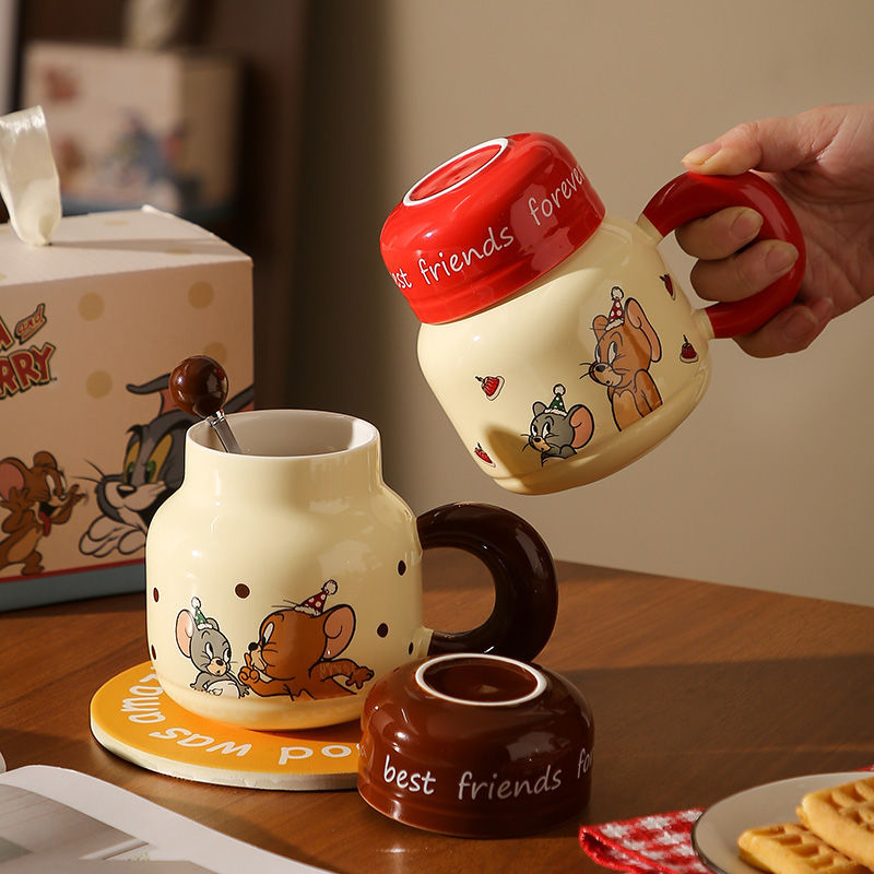 Cute gato y ratón hervidor de leche fufu taza de cerámica con cubierta taza de café para parejas de niños y niñas regalo de cumpleaños
