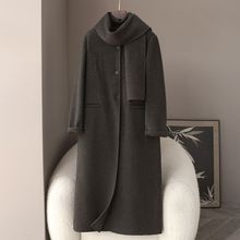少量服饰2025春季新款10%骆驼绒双面呢外套女围巾领长款毛呢大衣