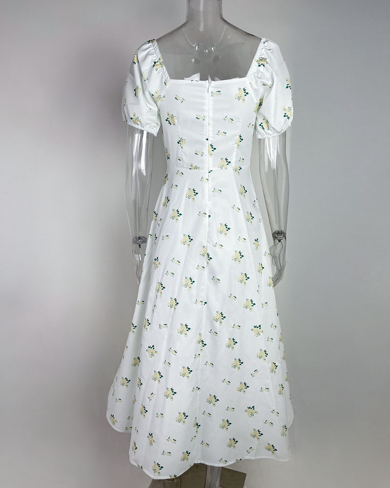 Blumenkleid Mit Puffärmeln Und Bindegürtel Für Damen Commuting_voghion.com