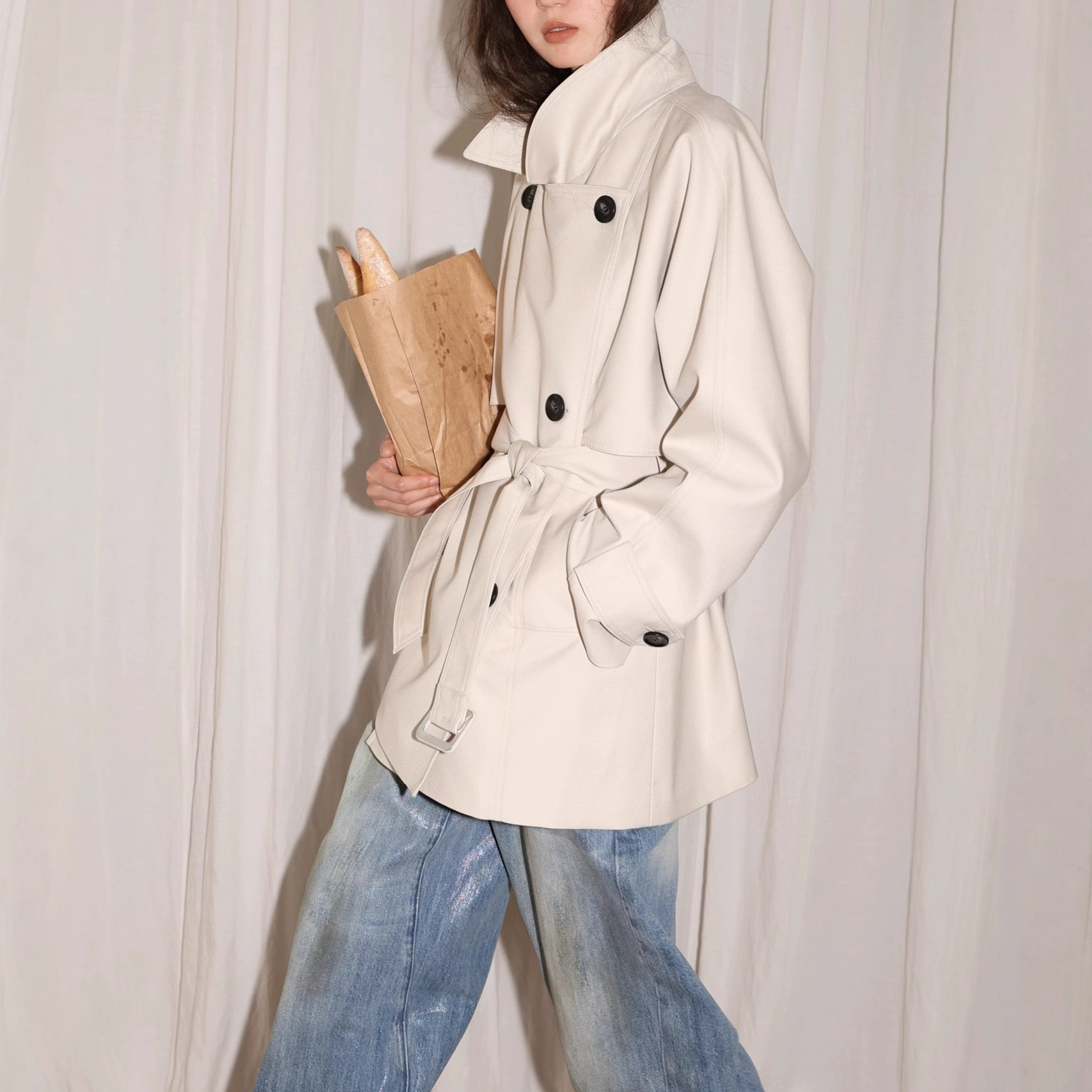 Subo Jidian Twill Three-Dimensional Profile Lapel Short Windbreaker Jacket for Women