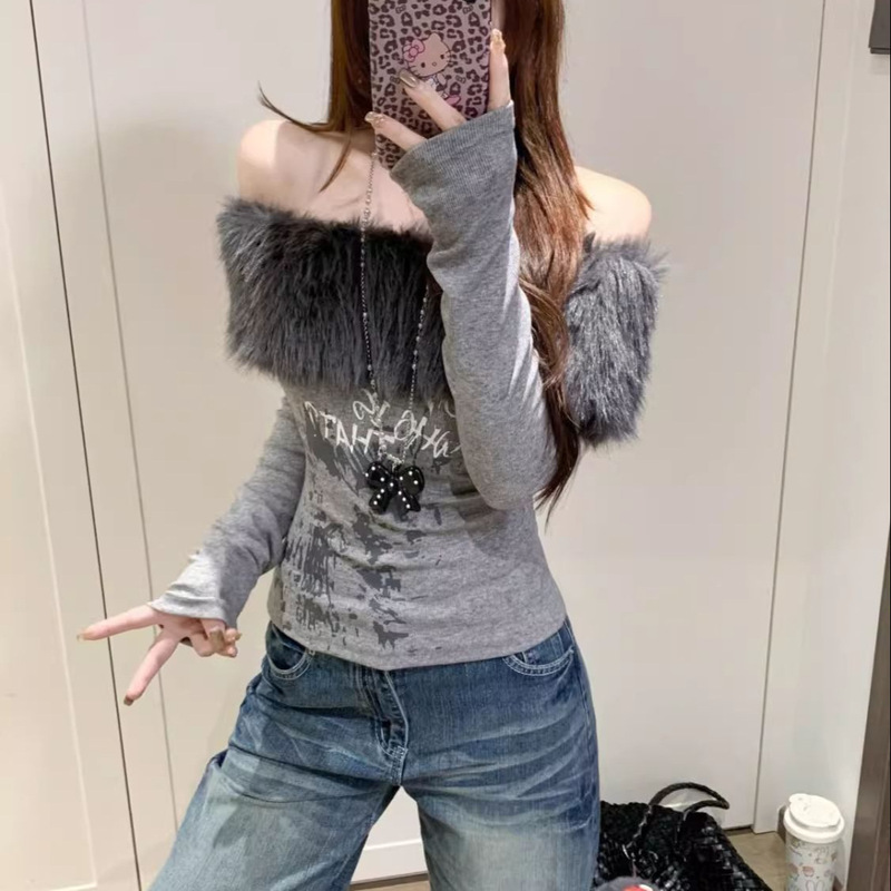 2026 Winter Retro Hot Girl Faux Mink Fur One-Shoulder Base Shirt for Women, Slim-Fit Waist-Cinching Off-Shoulder Long-Sleeve Top