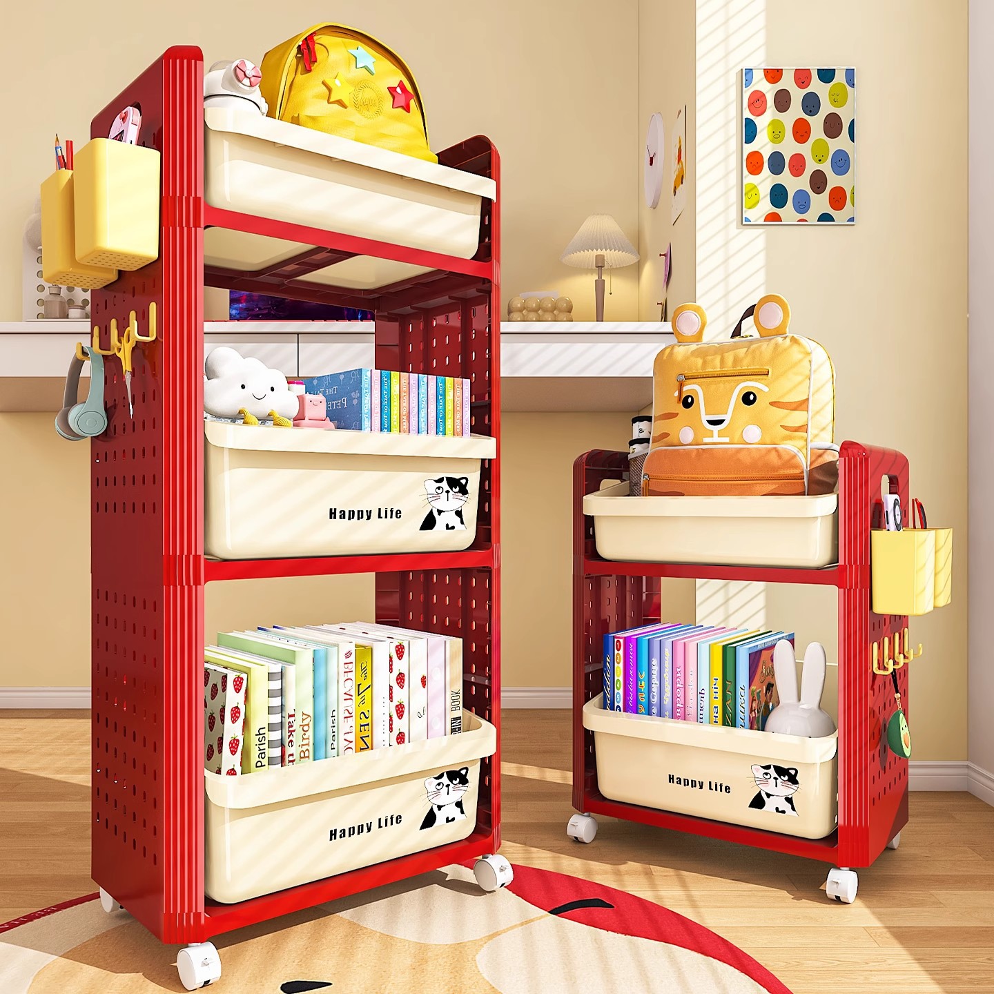 Movable Trolley Floor-Standing School Bag Storage Rack under the Table Book Storage Rack Home Student School Bag Pulley Cabinet