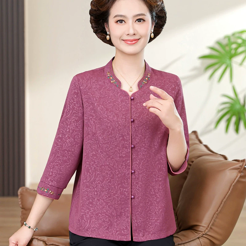 Новая летняя шифоновая рубашка для мам среднего и пожилого возраста в пятидесятилетнем возрасте, летняя футболка со средним рукавом, элегантный топ, женская одежда в китайском стиле.
