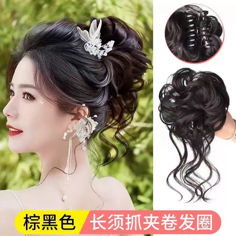 女性用ウィッグ、ショートポニーテール、巻き毛、レイジースタイル、クリップオンスタイル、花のつぼみ、ボールヘッド、自然なふわふわロングヘアパッケージ工場|undefined