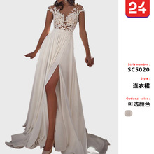 2025欧美外贸跨境新款婚纱礼服亚马逊wish性感蕾丝开叉晚礼服批发