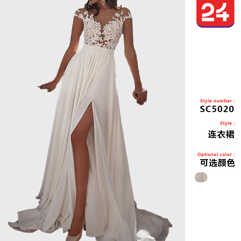2025 European and American Export Cross-Border New Wedding Dress Amazon Wish Sexy Lace Slit Evening Dress Wholesale