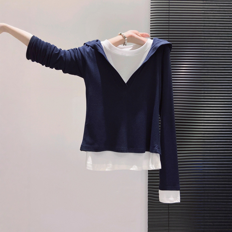 Hooded Fake Two-Piece Long-Sleeved T-Shirt for Women's Outer Wear 2025 Autum New Design Slimming Look Bottoming Shirt Top