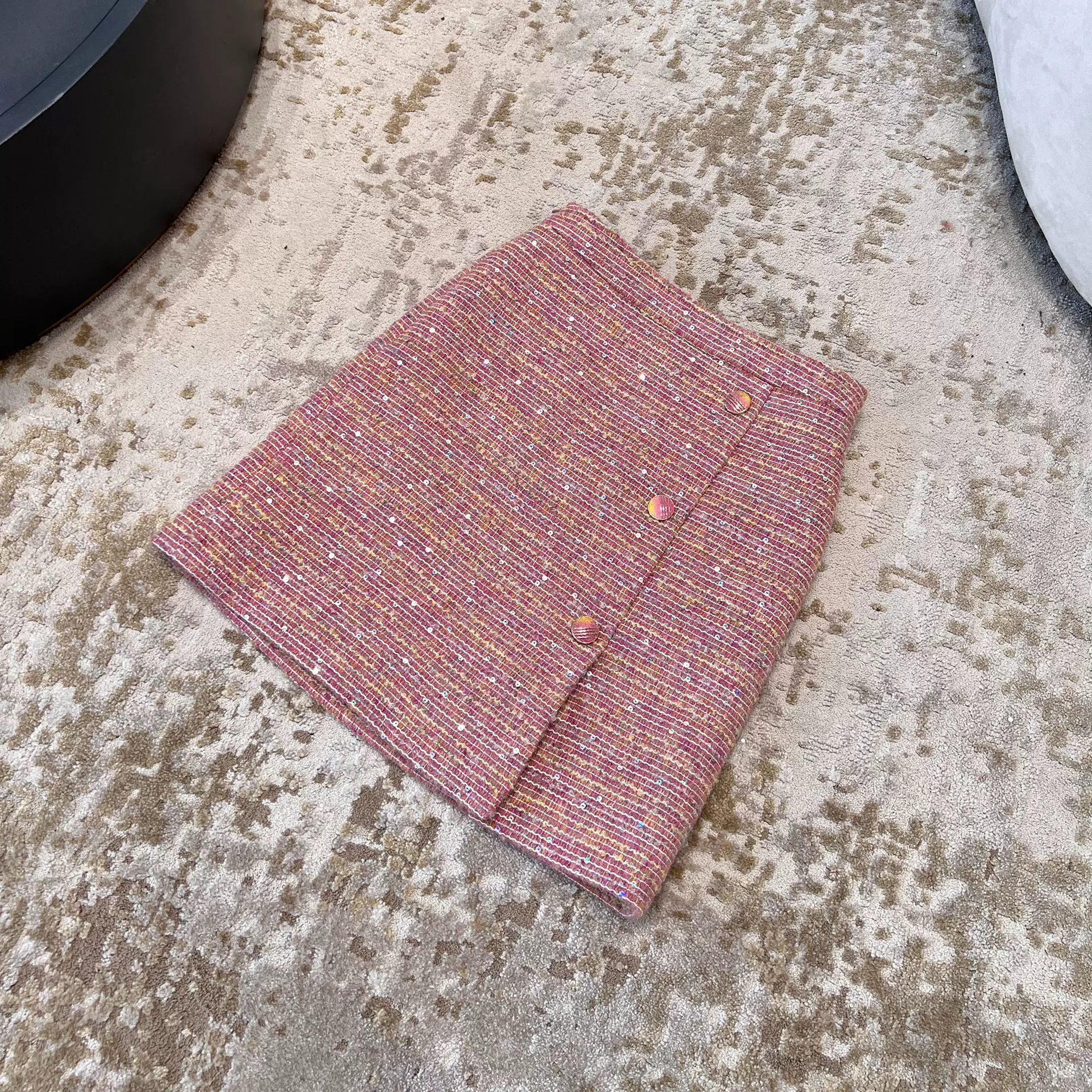 安斐欧娜新款法式小香羊毛混纺亮片粗花呢甜美粉紫短款半裙