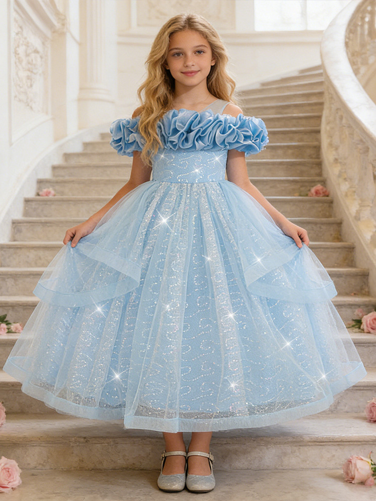 Vestido largo formal para niñas, vestido de satén con falda amplia, vestido infantil para desfiles, vestido para actuaciones, vestido para presentaciones de piano.