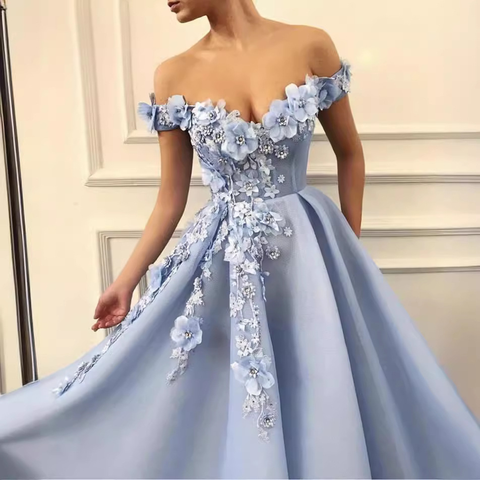 Europa y América Amazon AliExpress deseo de las mujeres vestido de noche fuera del hombro elegante vestido de banquete flor 3D vestido largo