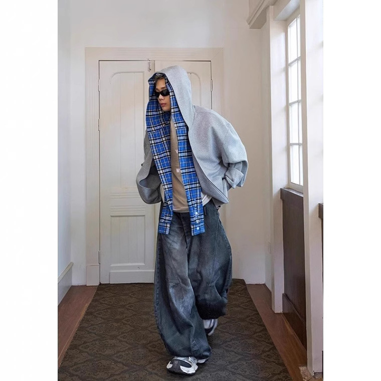 Men's Checkered Zip-Up Hoodie – Heavyweight Faux Layered Pullover With Drop Shoulder & Side Pockets (Cotton Blend, Grey/Black, M-3XL)_voghion.com
