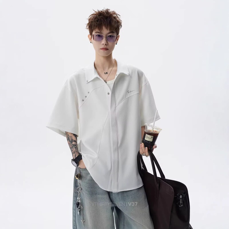 Three-Dimensional Cut Rivet Short-Sleeved Shirt for Men, Summer New Trendy Brand Embroidered High-End Loose Casual Shirt