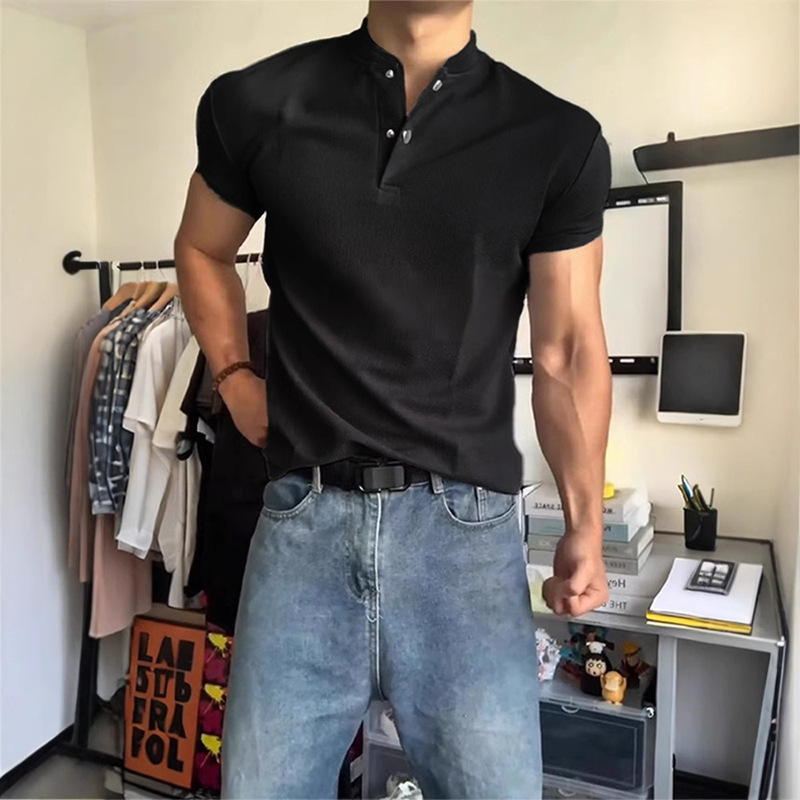 Black Henry Collar Polo Shirt Short-Sleeved Men's Summer American Sports Fitness Right Shoulder T-Shirt Showing Muscle Three-Quarter Sleeves