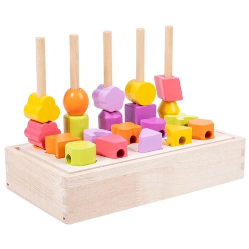 Cross-border wooden children's colorful five-column set of rainbow beads geometric matching cognitive puzzle toy set