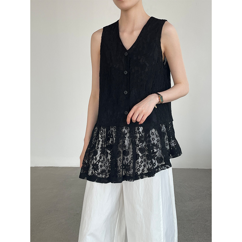 Taochuan Design Irregular Hem Lace Sleeveless V-Neck Vest Women's V-Neck Layered Top M8697 Taochuan Design Irregular Hem Lace Sleeveless V-Neck Vest Women's V-Neck Layered Top M8697