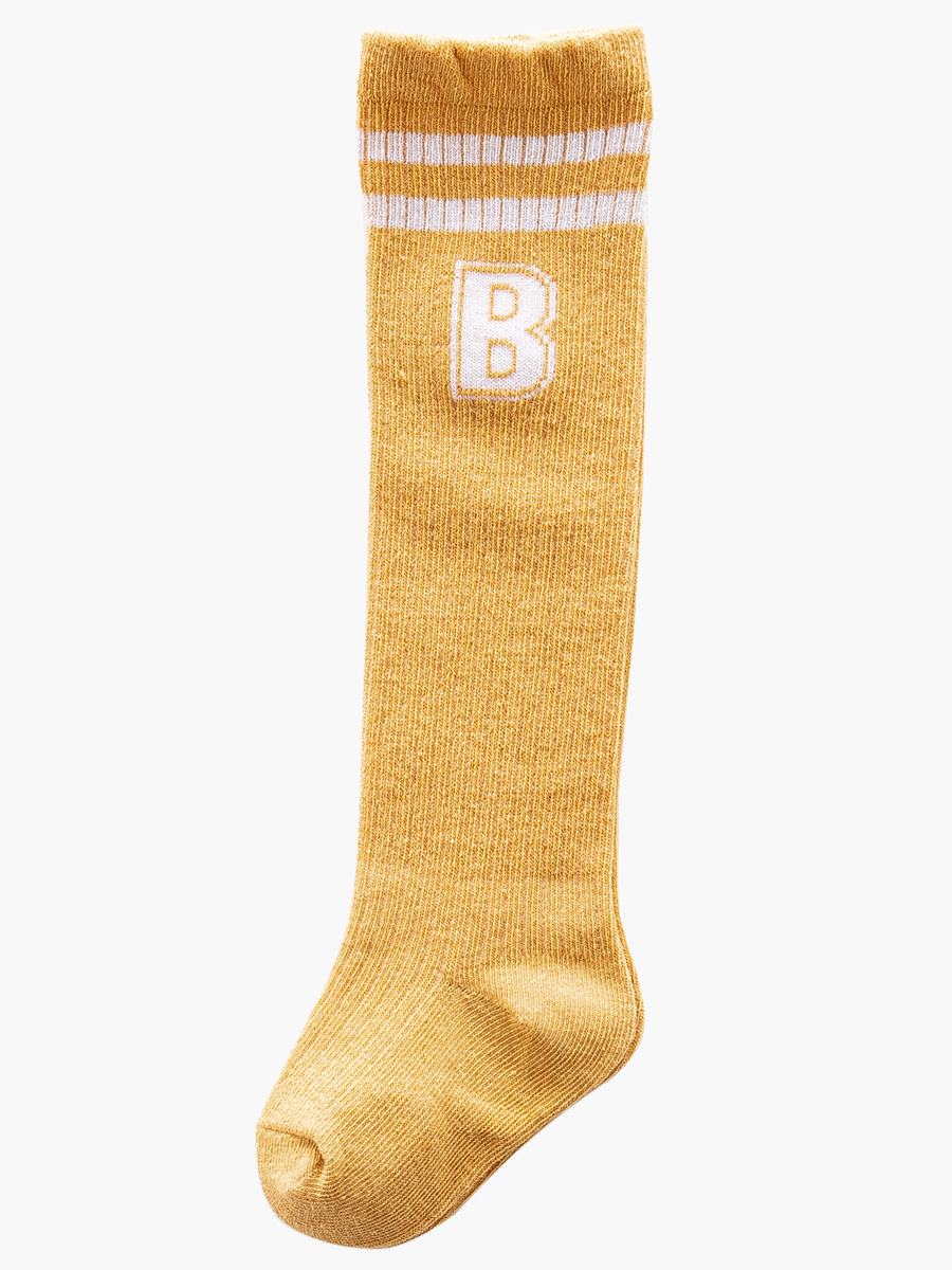 Calcetines de algodón de longitud media para bebé, calcetines largos hasta el muslo, calcetines de algodón para todas las estaciones con diseño deportivo a rayas.