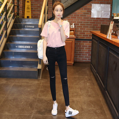 Women's Spring Summer High-Waisted Frayed Denim Jeans Short Length Korean Style Slim Fit Elastic Mini Pants