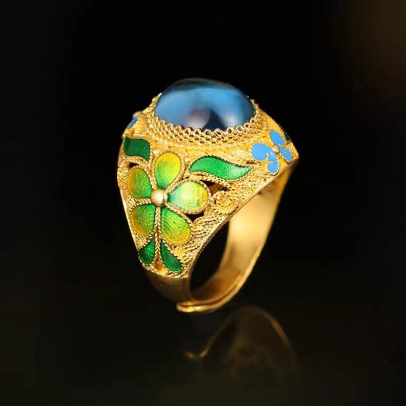 ベトナムの砂金エナメル蝶の花の指輪をまねるレトロな女性の指輪は金のエナメルの指輪のアクセサリーの生放送の金をめっきします。|undefined