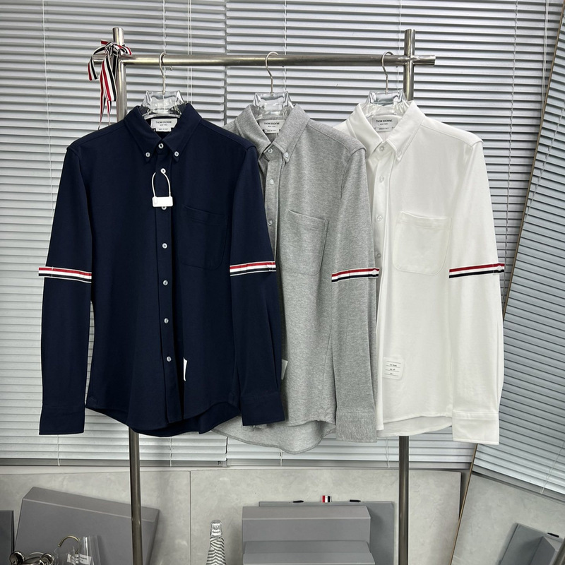 Factory Direct Sales High-End Version Tb Double-Sleeve Red, White, and Blue Striped Pique Cotton Long-Sleeve Shirt for Men and Women, Suitable for Spring and Autumn
