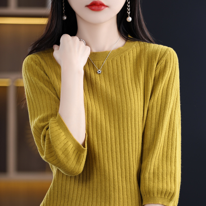 100 Combed Cotton Spring and Summer New Round Neck Women's Pit Strip Inner Layering Shirt Three-Quarter Sleeve Loose Line Knitted Top