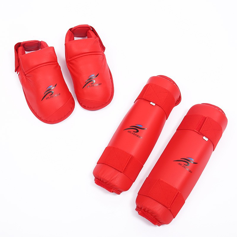 Protecciones de piernas de karate para adultos y niños Protecciones para pies Entrenamiento profesional Combate real Juego de tres piezas Guantes de karate engrosados