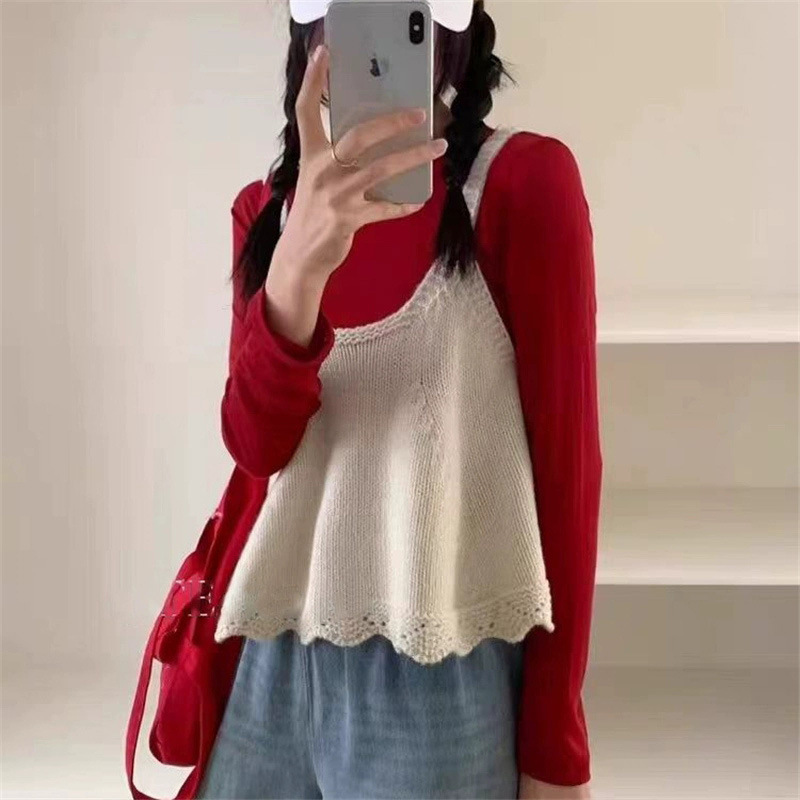 U领叠穿毛衣马甲女2025早秋新款百搭纯色圆领花边针织衫背心上衣|undefined