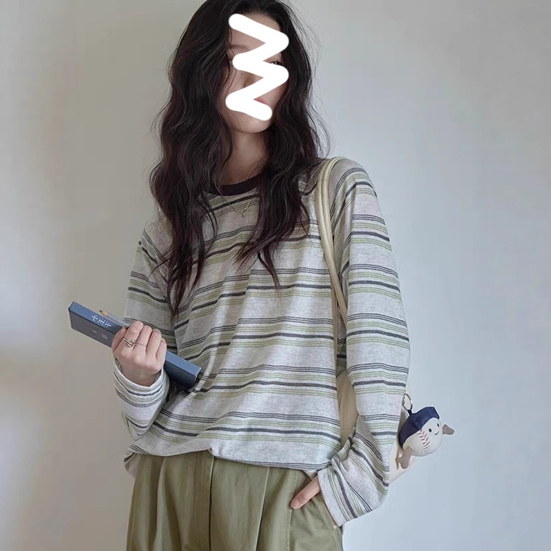绿色条纹休闲长袖T恤女2025早秋防晒衫罩衫薄款透气宽松复古上衣|undefined