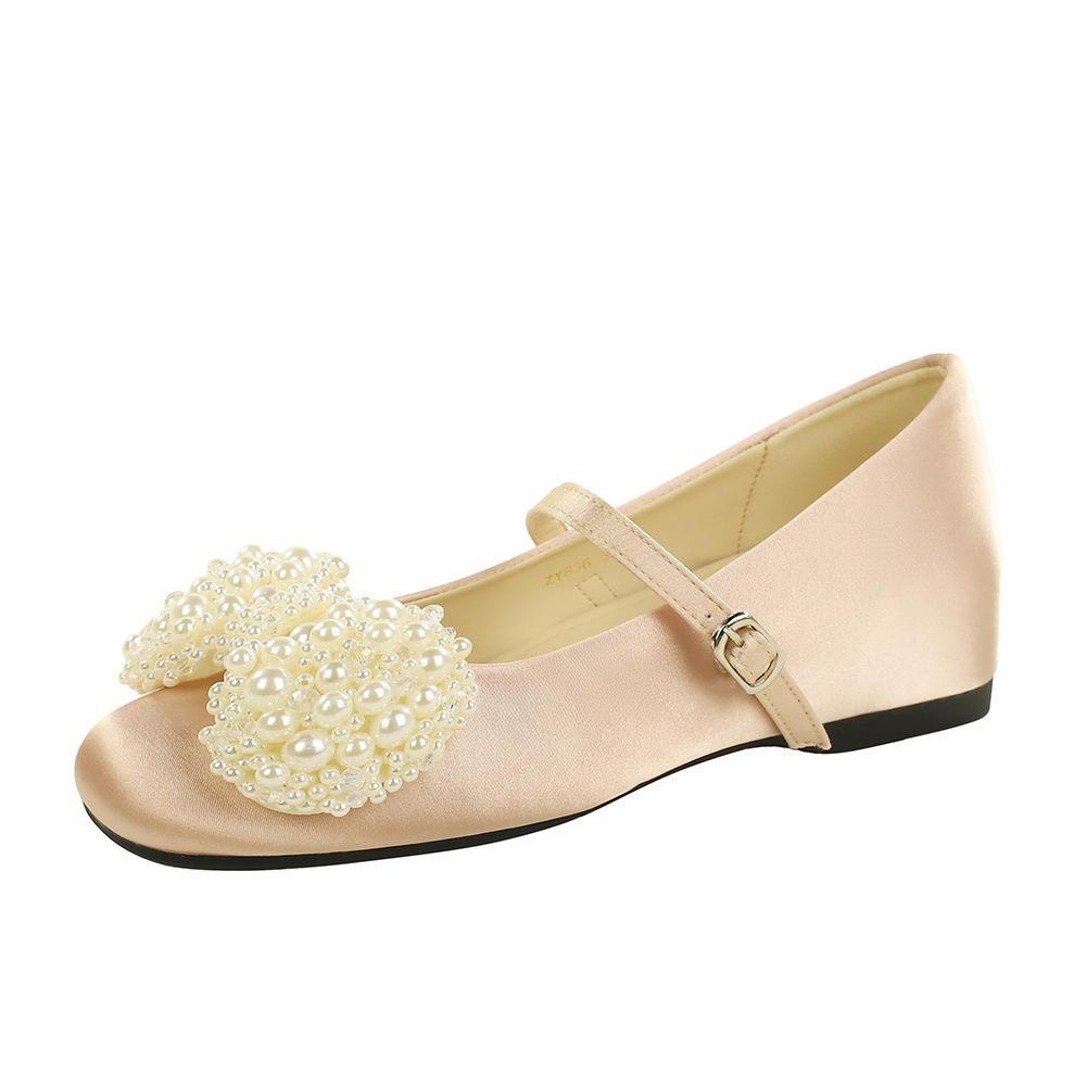 836-H160 French style fashionable small pearl decoration square head straight buckle strap shallow mouth inside height increasing middle single order shoes
