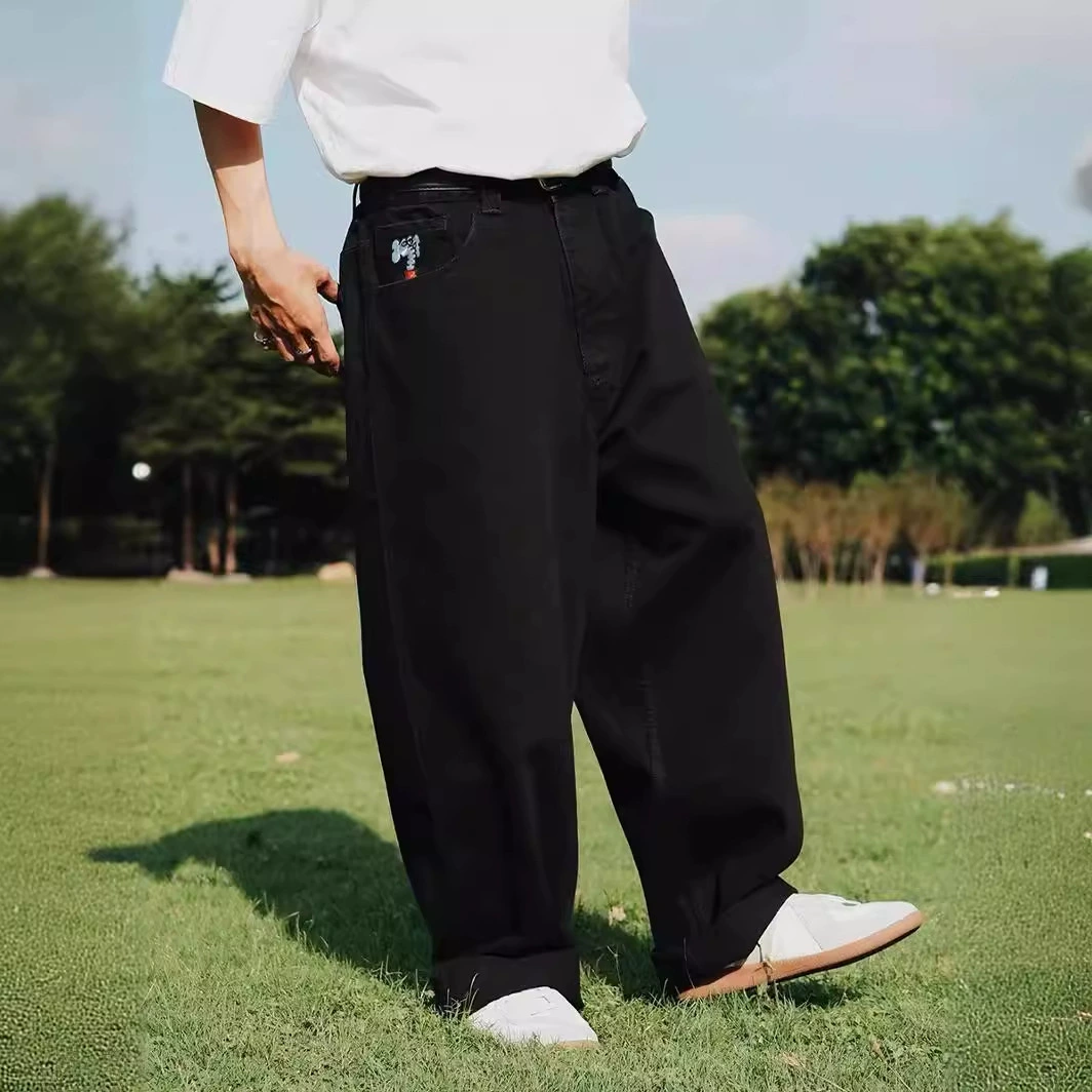 Guochao уличный свободный скейтборд слон узор принт джинсы хип-хоп прямые брюки с широкими ногами мужчины и женщины