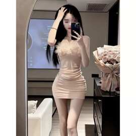 【胸垫➕防滑条】抹胸连衣裙女秋冬一字肩修身显瘦包臀短裙图片色