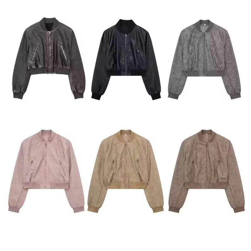 2024 autumn new hot girl stand collar short leather women's American style motorcycle imitation leather bomber jacket coat 2024 autumn new hot girl stand collar short leather women's American style motorcycle imitation leather bomber jacket coat
