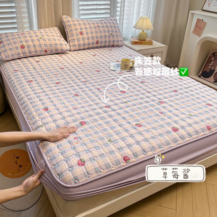 Wrinkled Yarn Cloud-Like Printed Waterproof Fitted Sheet Thickeneded Quilted Bedspread Mattress Dormitory Mattress Cover Protective Cover Three-Piece Set