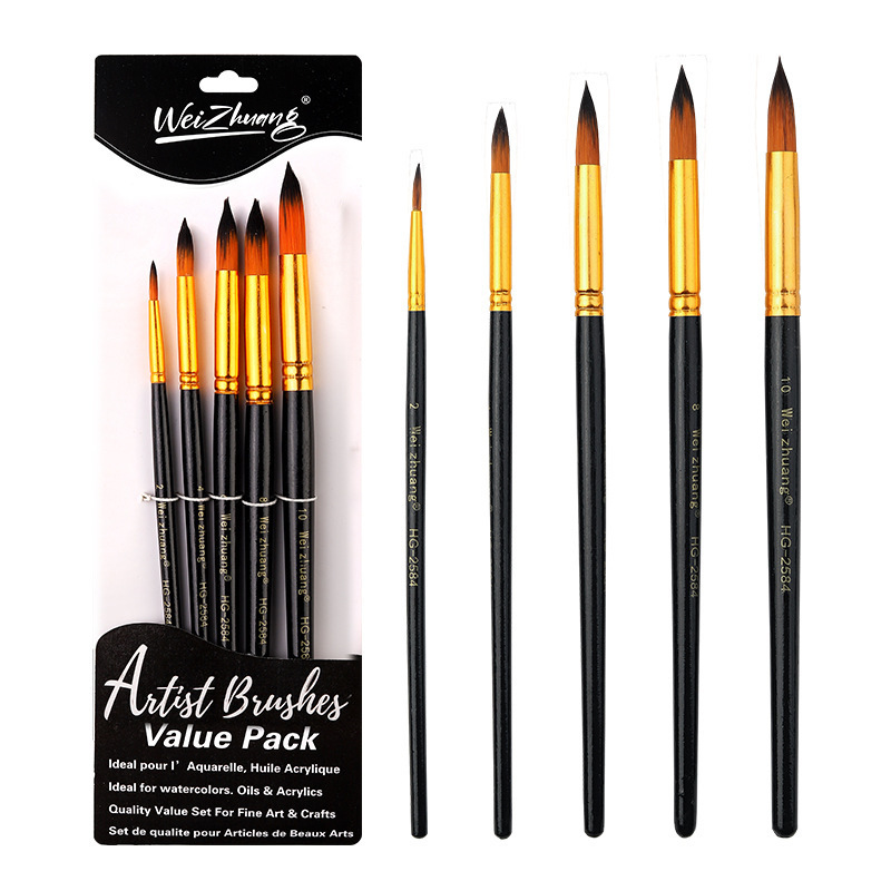 Cinco pinceles transfronterizos de nylon cabello negro de alta calidad suministros de arte estudiantil pintura DIY pinceles pinceles
