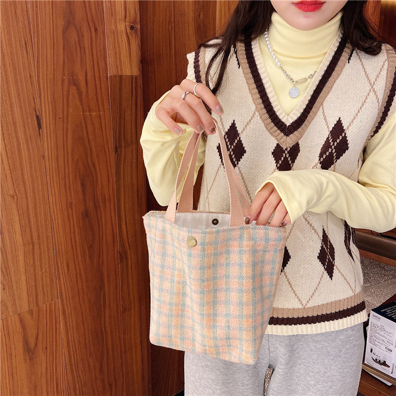 08181 Japanese-style woolen checkered bento bag, ins Korean-style handbag, fresh women's walking lunch box, small handbag wholesale undefined