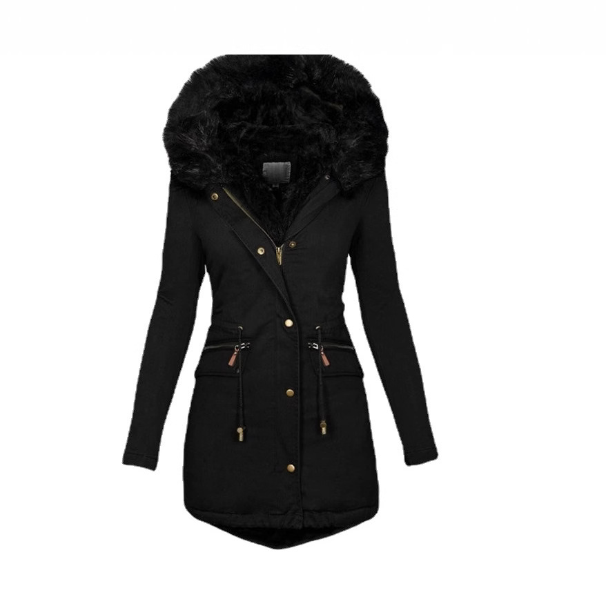 Transfronterizo deseo Amazon ropa de mujer europea y americana de otoño e invierno de color sólido Cuello de piel con capucha de longitud media cálido abrigo de algodón acolchado para las mujeres