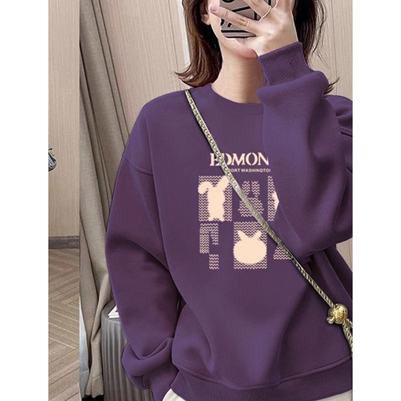 European Fashion Purple Round Neck Sweatshirt for Women Autumn and Winter New Style Fashionable and Age-Reducing Printed Pullover Hooded Top